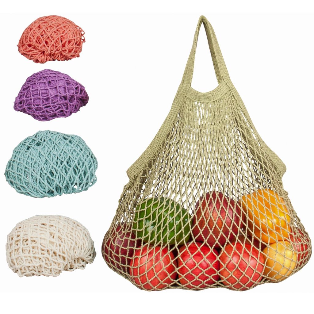 A sage green mesh reusable bag filled with fruit, shown on a white background with five smaller color variants stacked vertically on the left. The main bag is sage, while the variants include coral, purple, light blue, and natural.