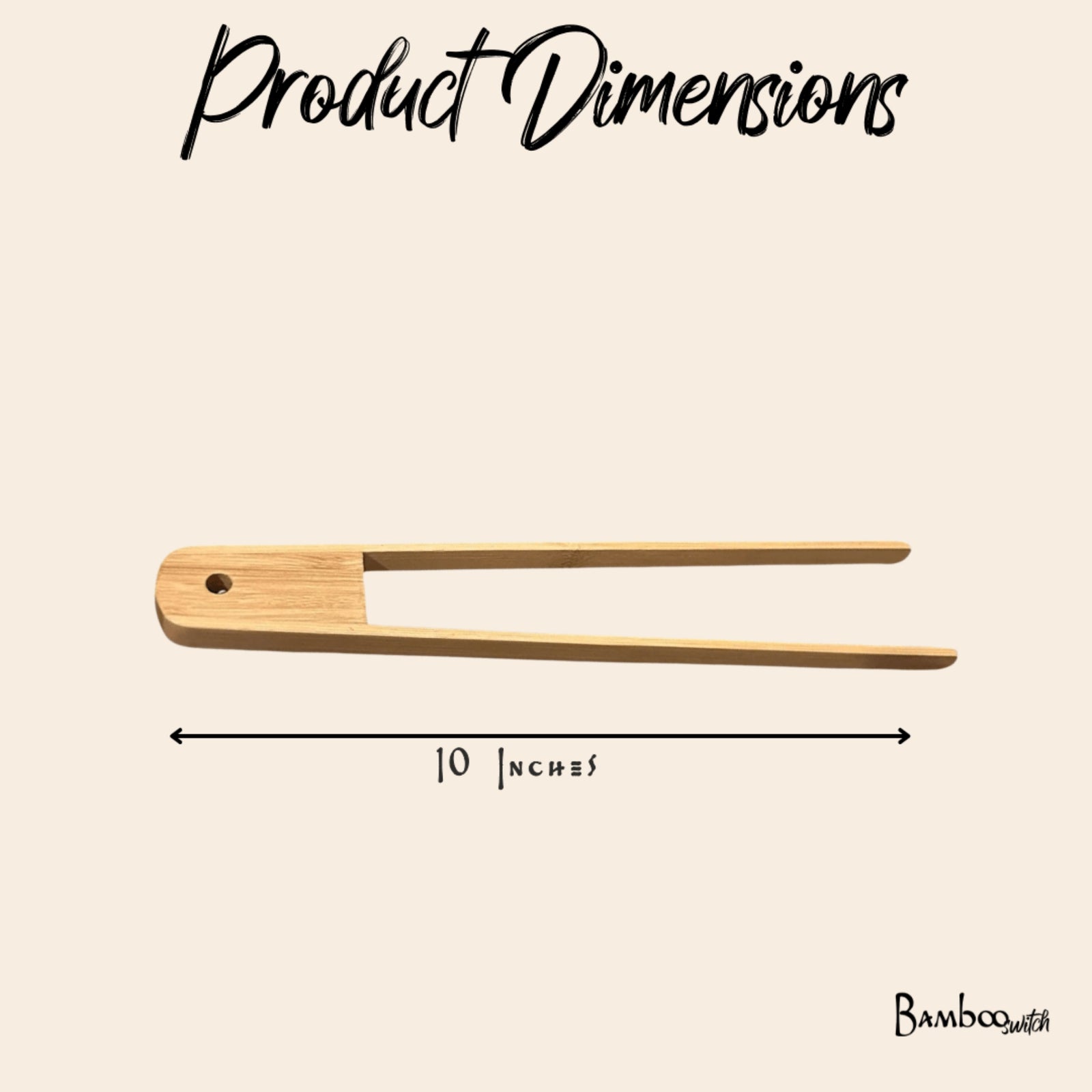 wood tongs on beige background with text stating they're 10 inches long.