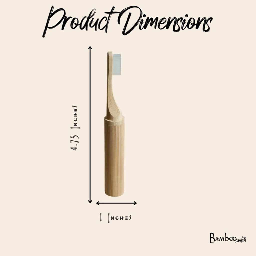 Measurement chart of a wooden toothbrush with dimensions labeled on a beige background.