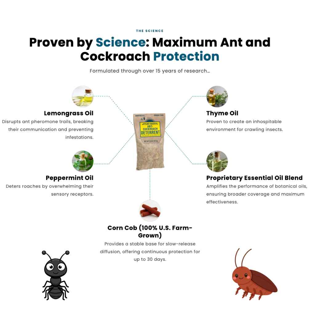 Diagram of ingredients for maximum ant and cockroach protection with text on a white background