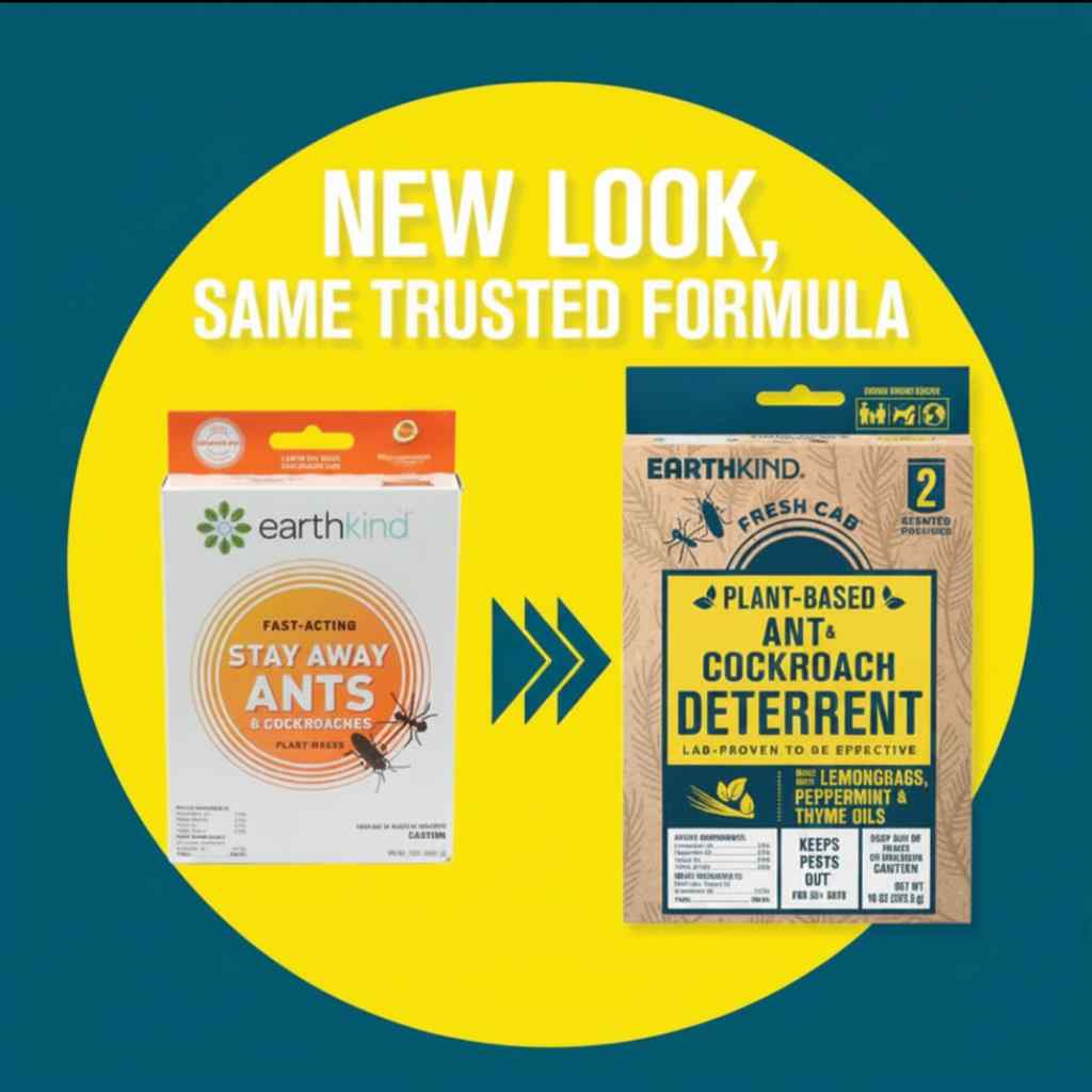 Two Earthkind product packages with a yellow circle and text on a blue background