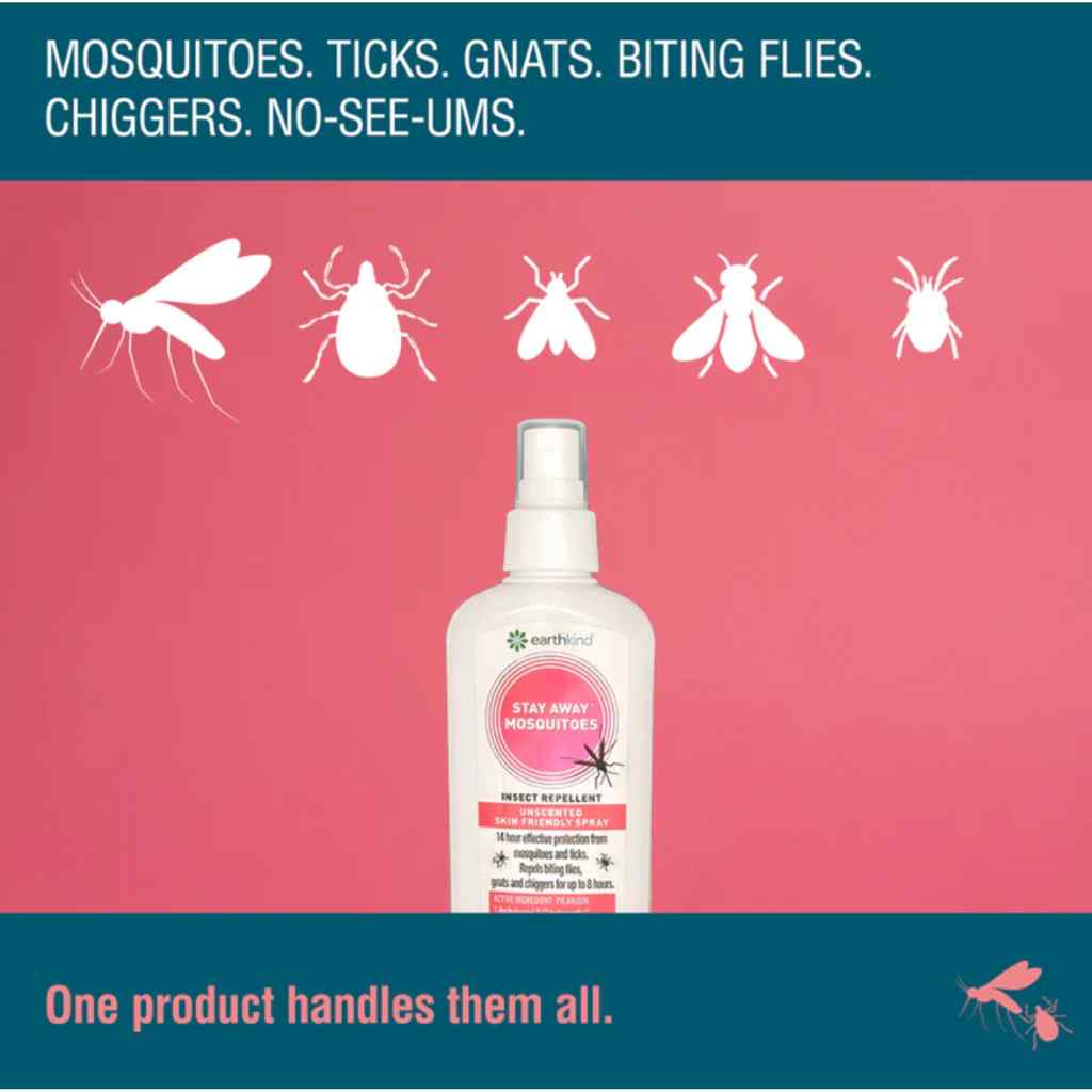 Insect repellent spray bottle with illustrations of pests on a pink and blue background