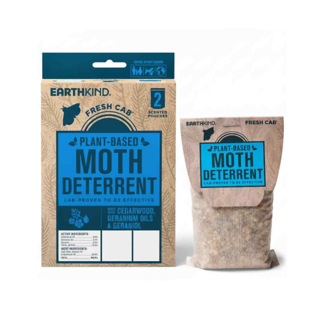 Earthkind plant-based moth deterrent packaging on a white background