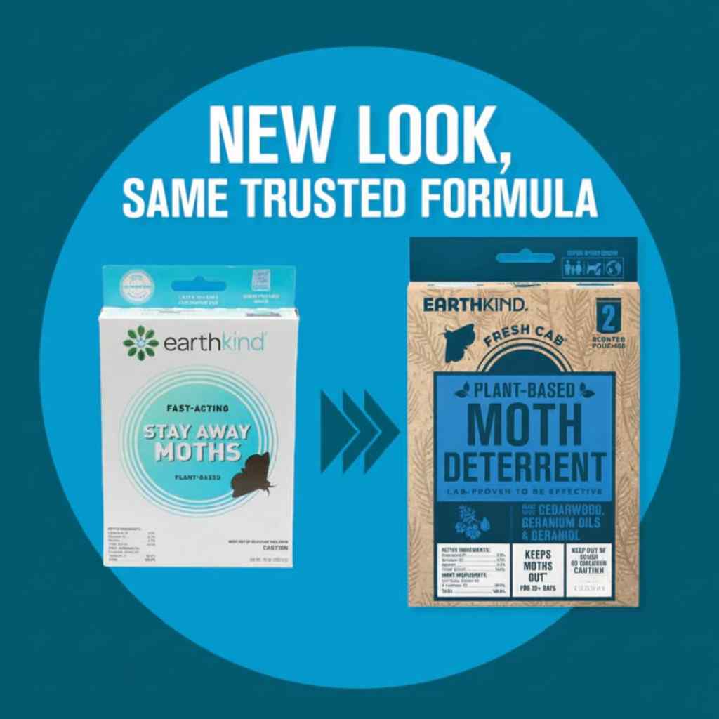 Two packages of Earthkind moth deterrent on a blue background with text 'New Look, Same Trusted Formula'.