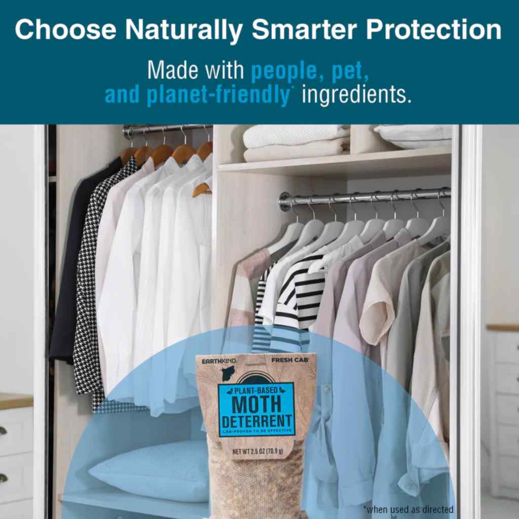 Closet with clothes and a package of moth deterrent, with text about natural protection.