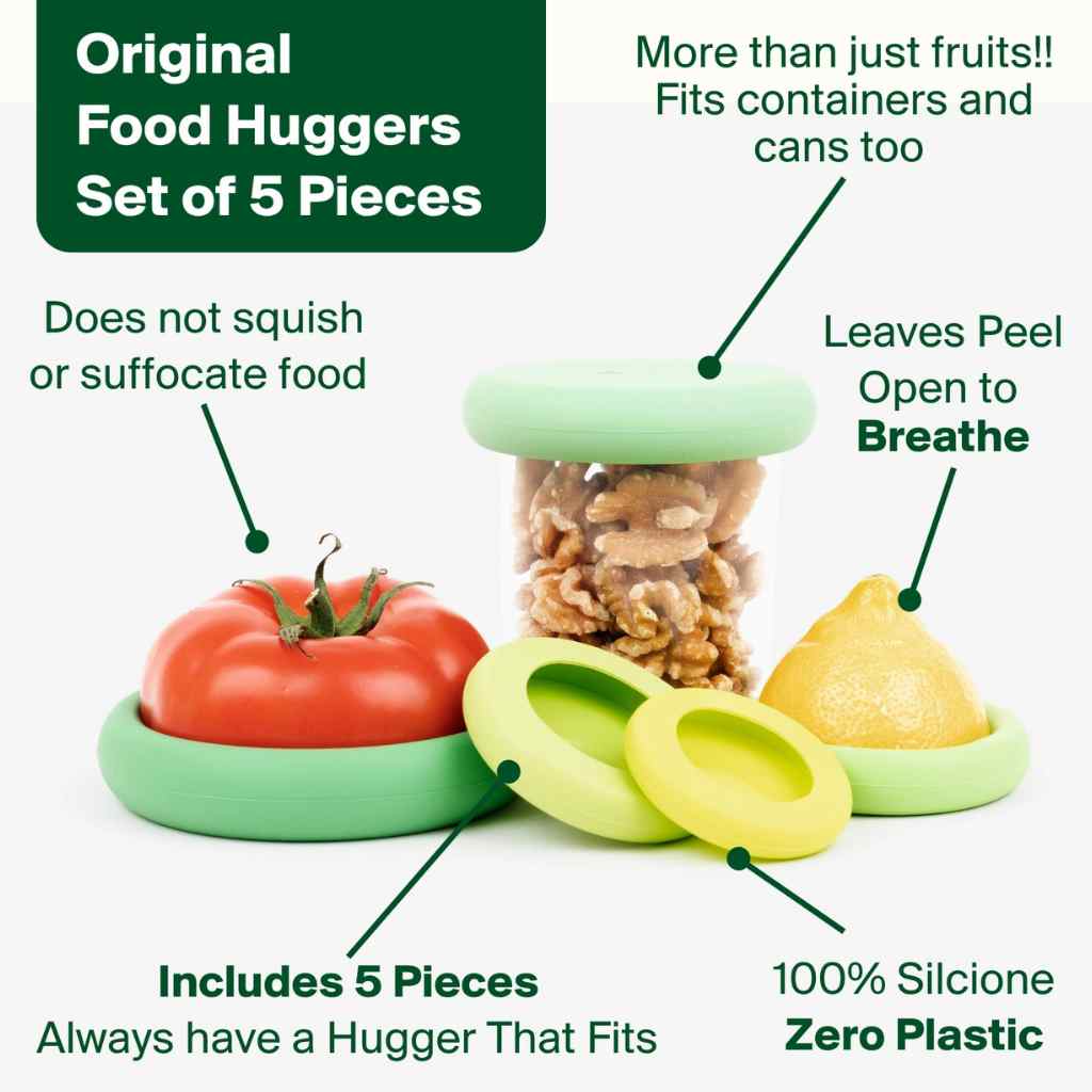 Original Food Huggers set of 5 pieces with illustrations of their use on fruits and containers.