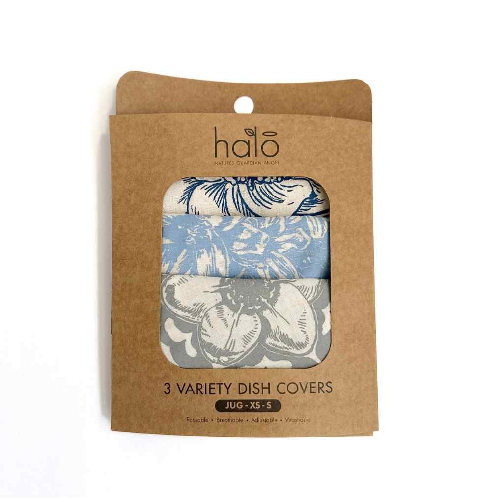 Pack of 3 variety dish covers with floral patterns on a brown Halo packaging.