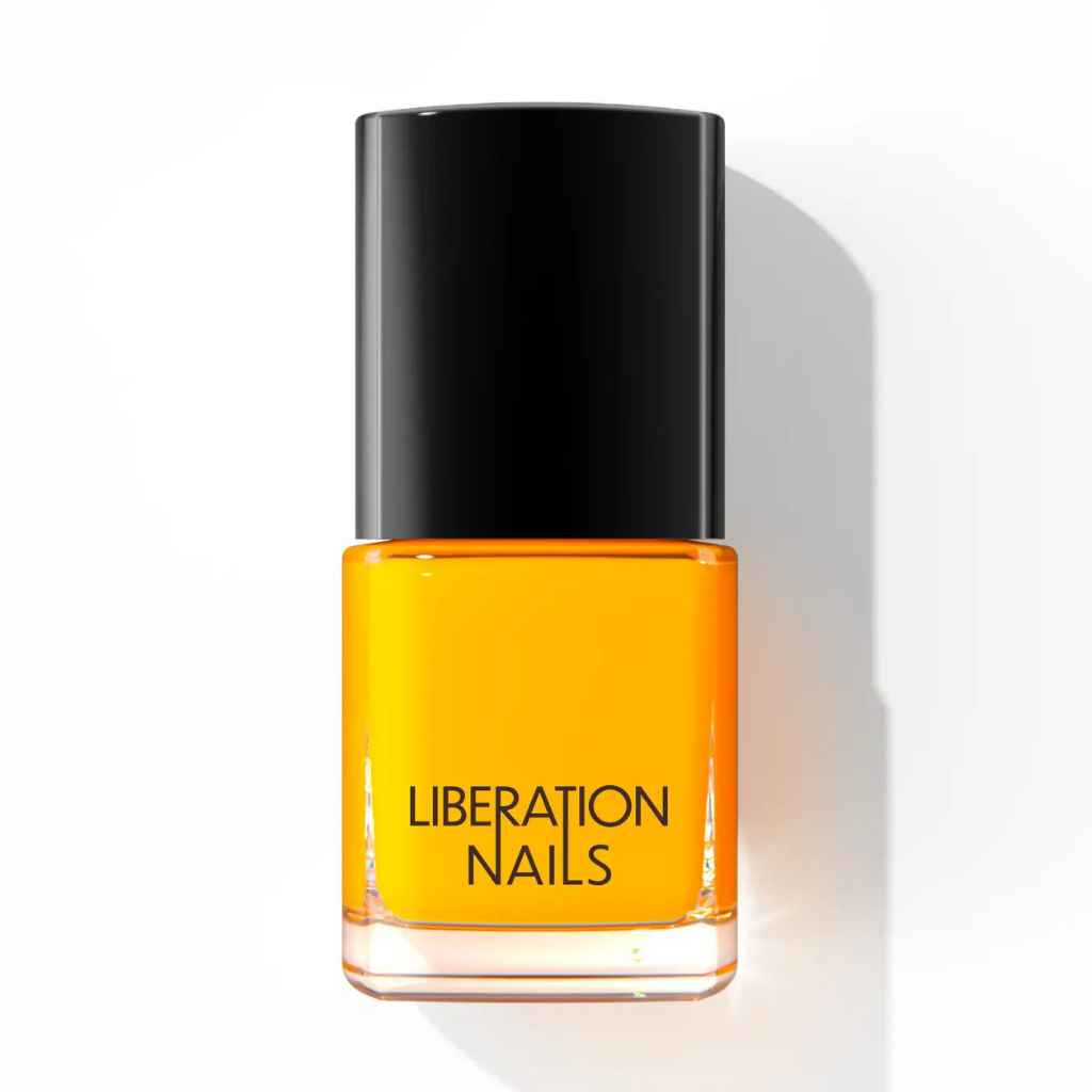 Yellow nail polish bottle with black cap on a white background