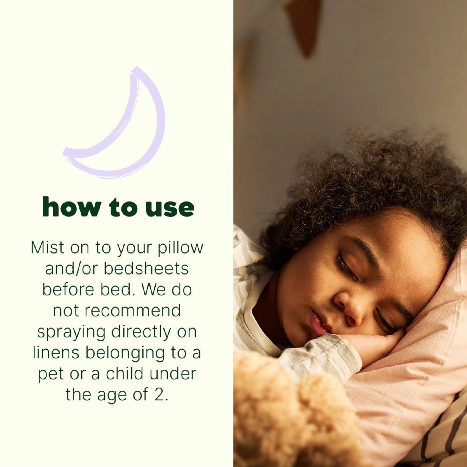 CHILD sleeping with a teddy bear, text on how to use a product, and a moon icon.