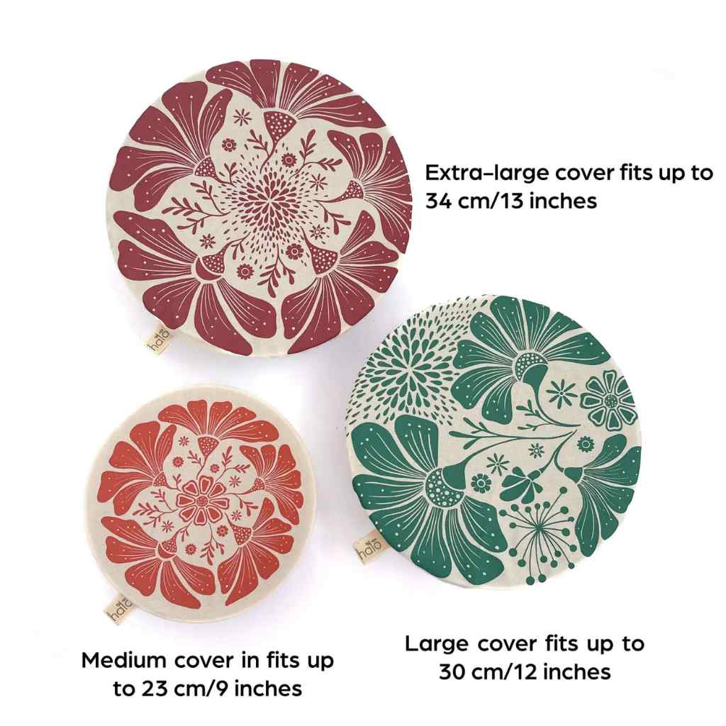 Three floral-patterned covers with size specifications on a white background