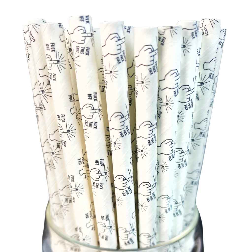 white straws with middle finger printed in black in clear container against a white background.
