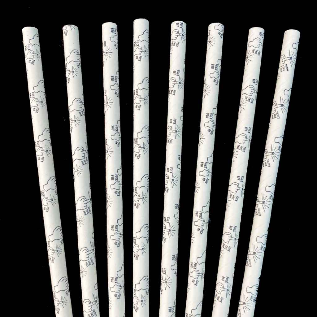 white paper straws with the middle finger printed in black ink.