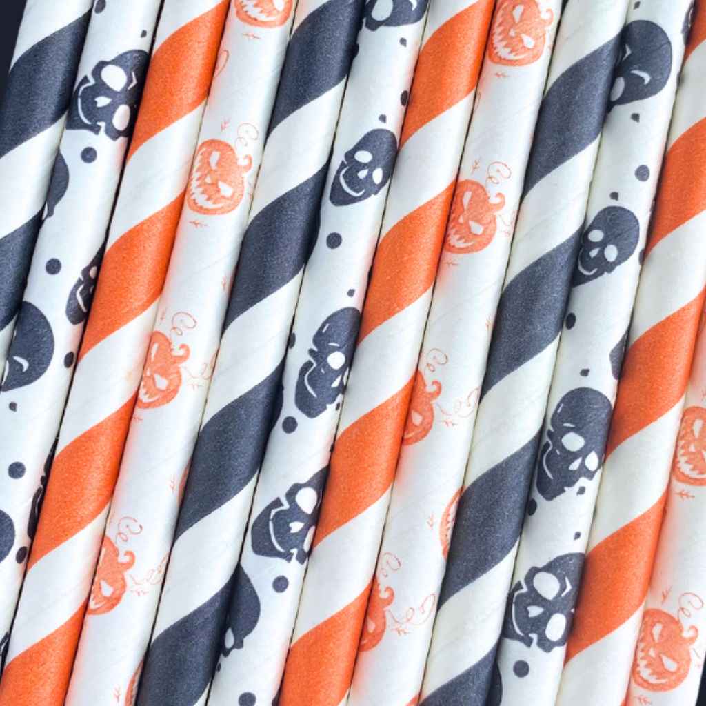 paper straws printed with halloween motif in orange and black.