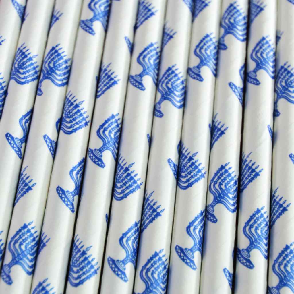White straws with blue Menorah design