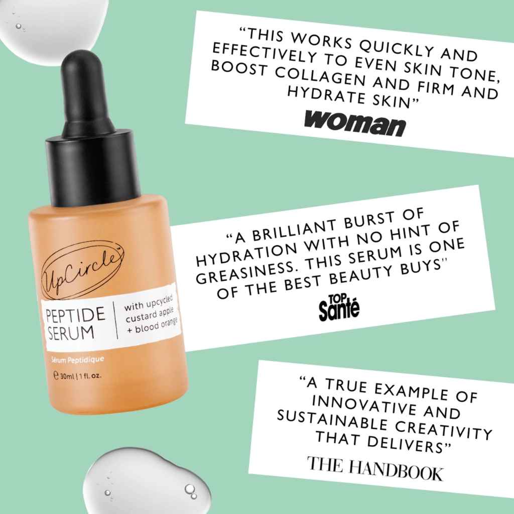 UpCircle Peptide Serum bottle with customer reviews on a green background