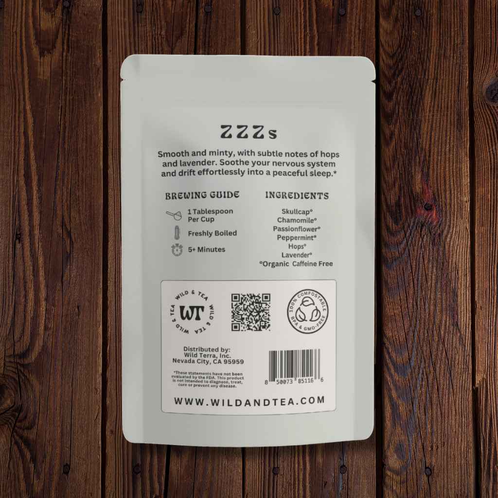 Tea package labeled 'ZZZs' on a wooden surface