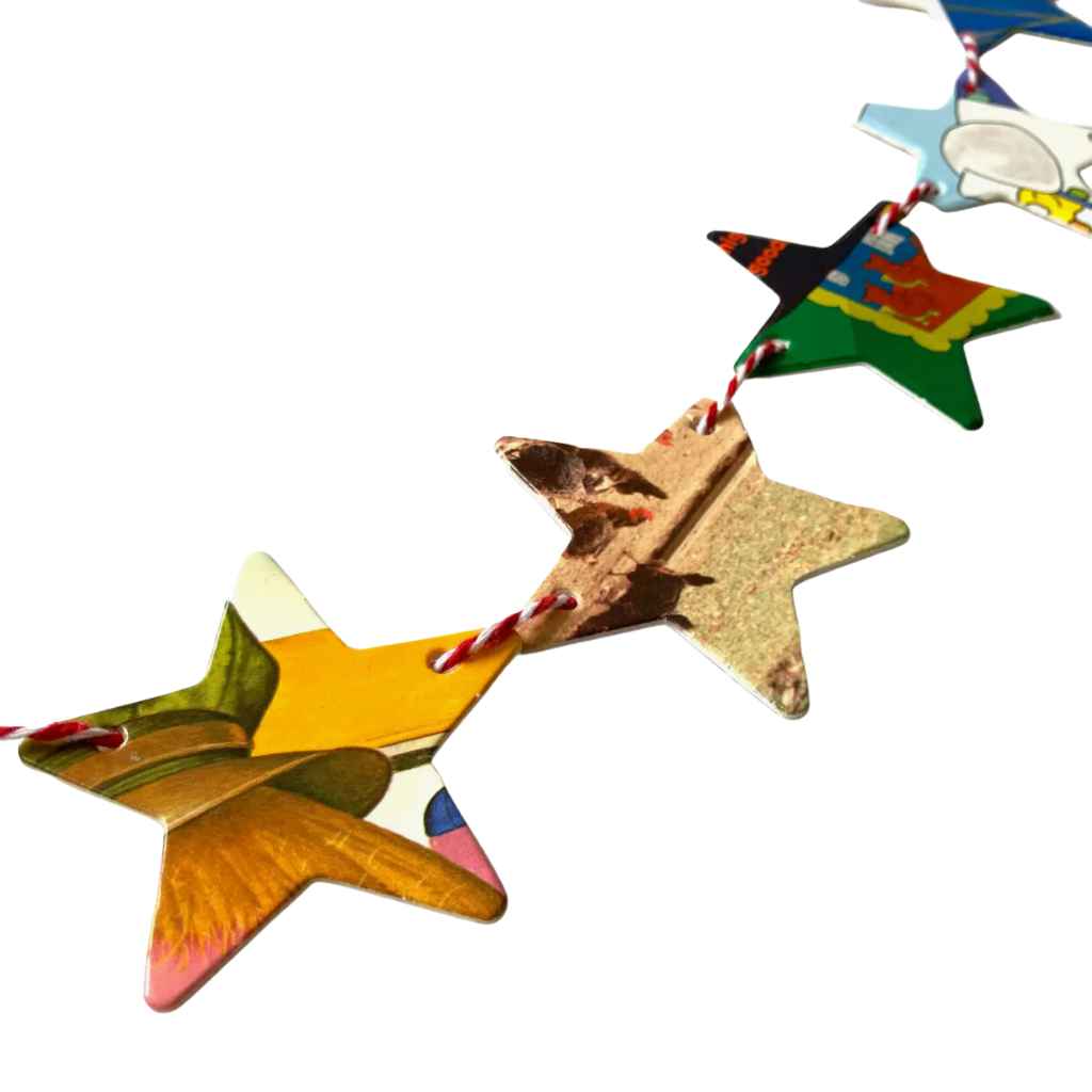 Attic Journal decorative garland with star shapes made from used, reclaimed, recycled board books