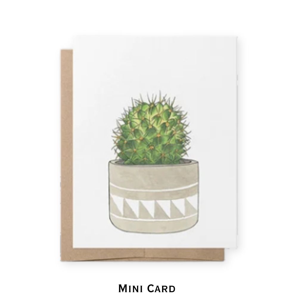 A mini greeting card featuring an illustration of a green cactus in a beige pot with a geometric pattern, shown with a brown kraft envelope on a white background. The text 'MINI CARD' is printed below.