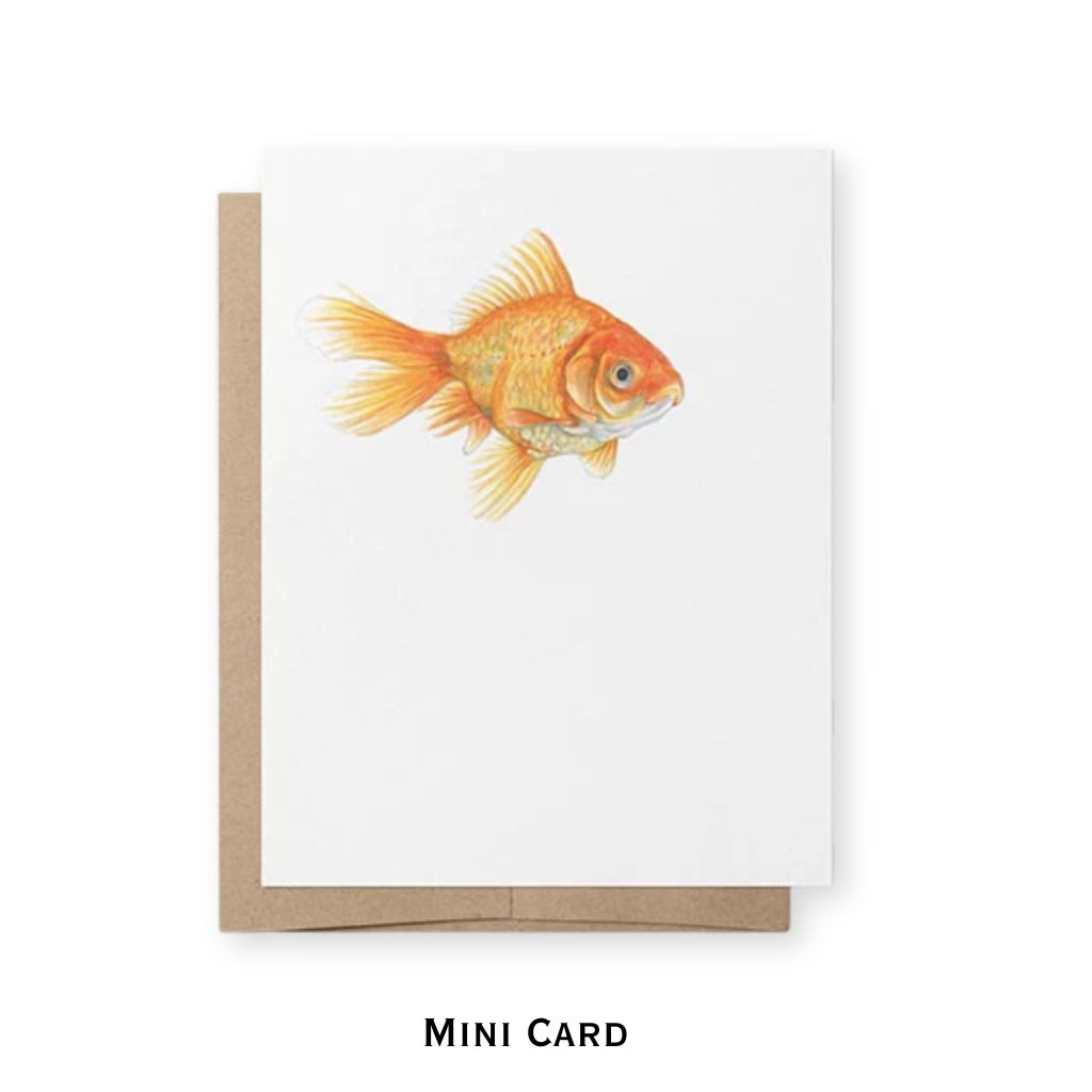 mini card with orange goldfish on white background with kraft paper envelope.