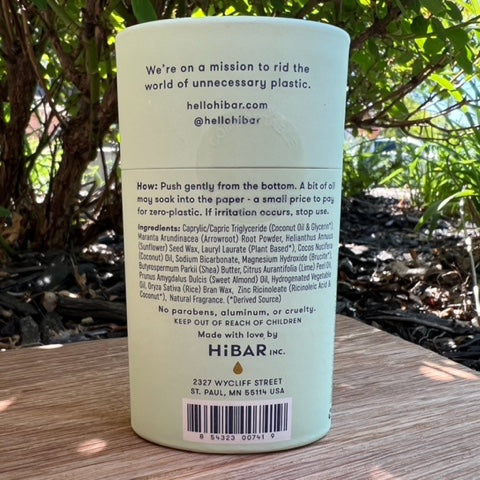 natural, plastic-free hibar deodorant, showing the back side of the container and its ingredients
