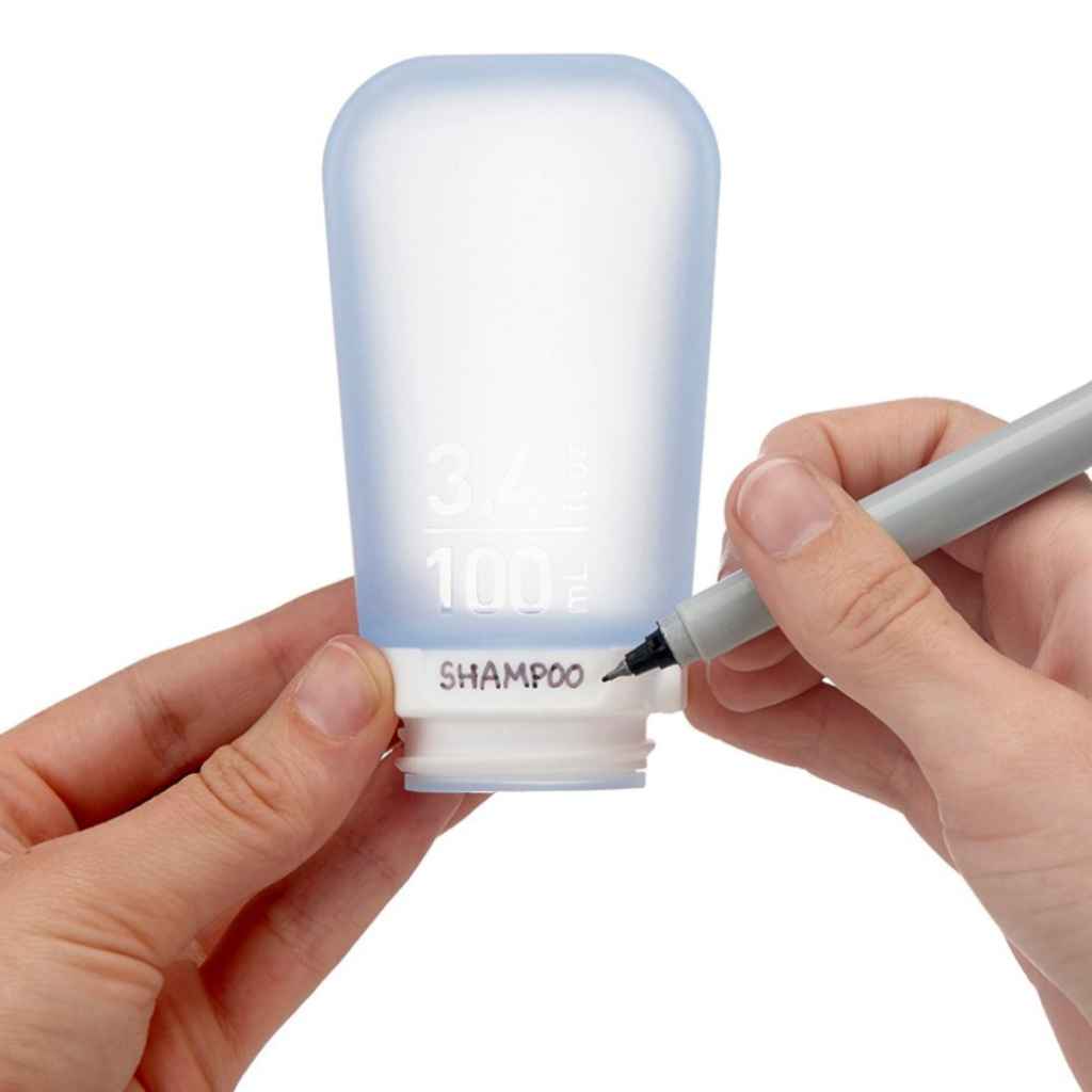 Refillable Silicone Squeeze Bottles for Travel made by humangear - GoToob+ is TSA approved for air travel. Designed in USA. 3-pack includes purple, clear, and teal silicone bottles. Now includes textured area for easy labeling