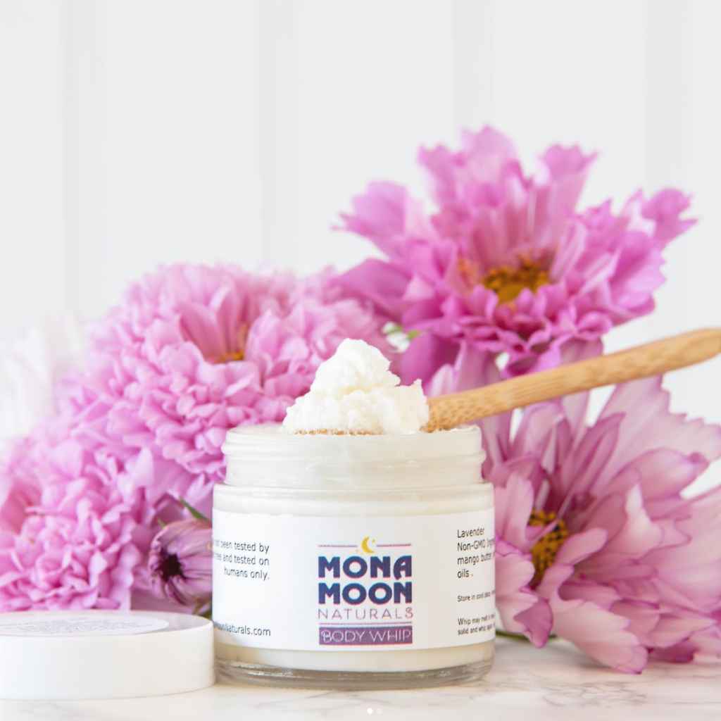 Mona Moon Naturals Body Whip intense all-natural skin moisturizer. 2oz jar. Made in Rochester, NY, USA. Woman owned business.