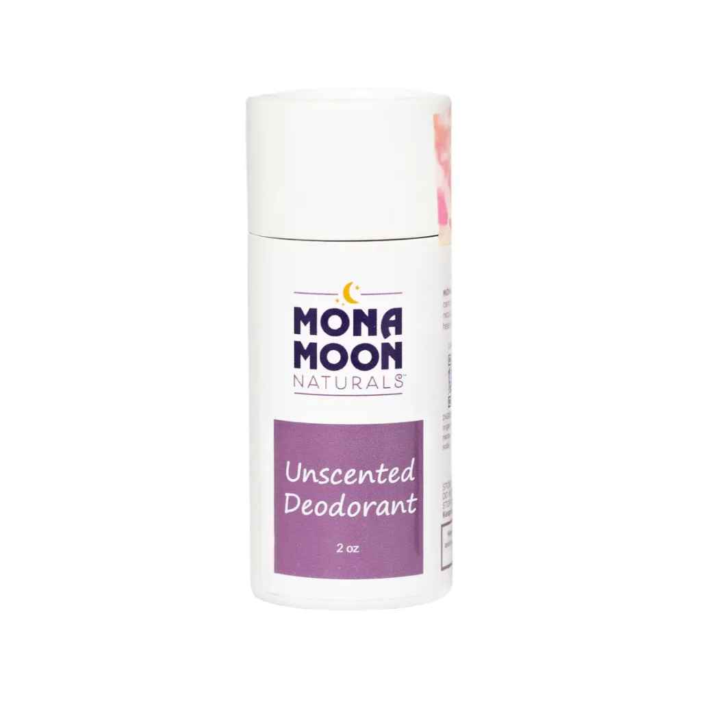 All-natural, aluminum-free, unscented deodorant by Mona Moon Naturals. Compostable container, woman-owned business. Benefits the Breast Cancer Coalition in Rochester, NY. Made in USA.