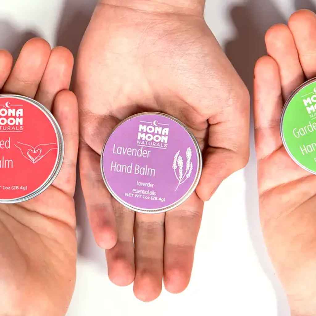Mona Moon Naturals Hand Balm in Lavender scent, with organic lavender essential oil, in 1oz recyclable tin. Made in Rochester, NY, USA.