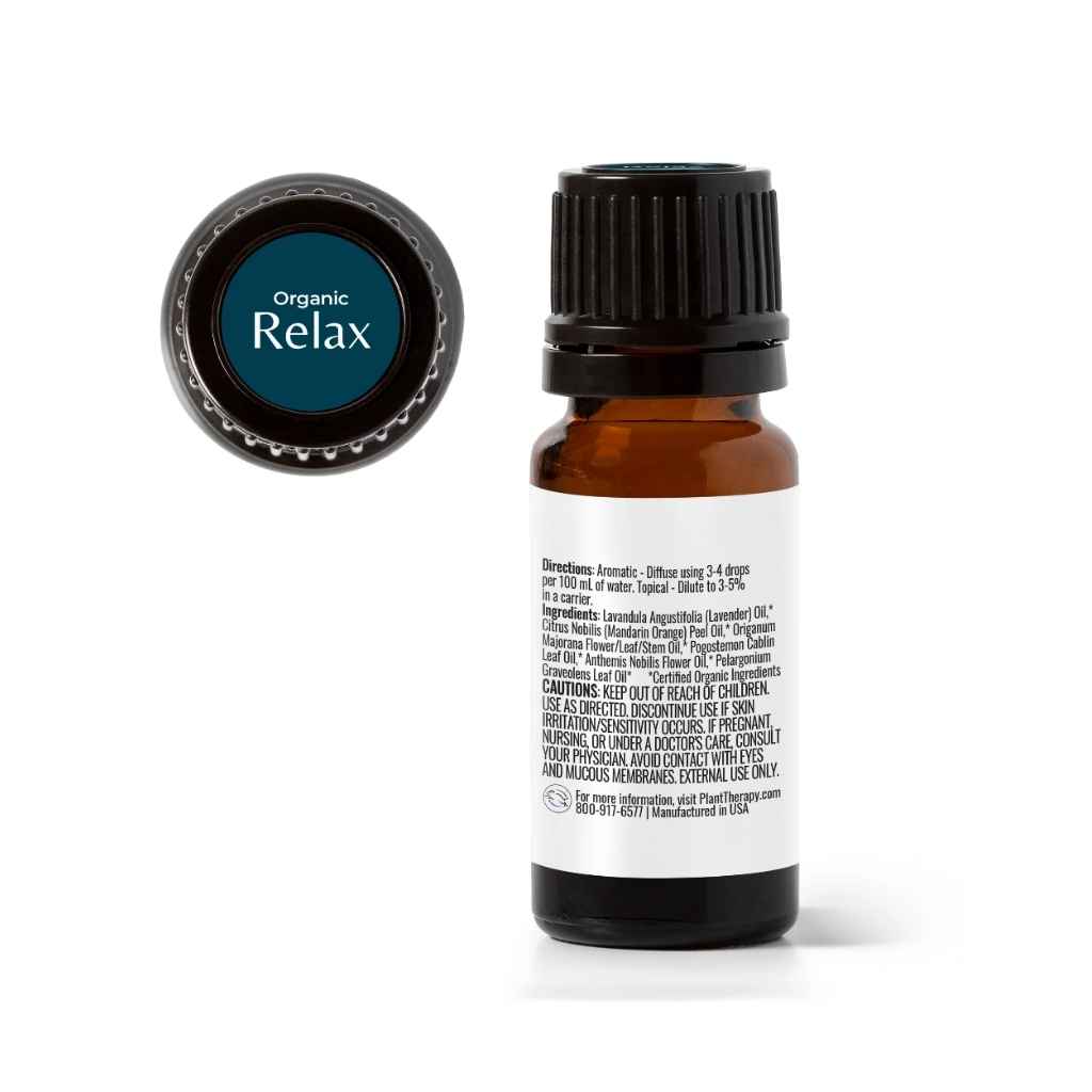 small bottle of Plant Therapy ORGANIC Relax essential oil blend. KidSafe. Back label shown.