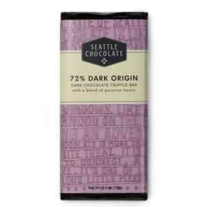 Seattle Chocolate 72% Dark Origin chocolate truffle bar made with single-origin cacao, peruvian beans. 2.5 oz. Kosher. Vegan. Woman-owned business. Made in USA