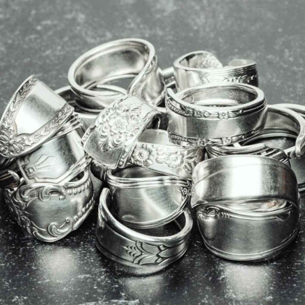 Silver plate Spoon rings made of reclaimed vintage cutlery. Sourced and hand-crafted in the USA by The Junk Girls.
