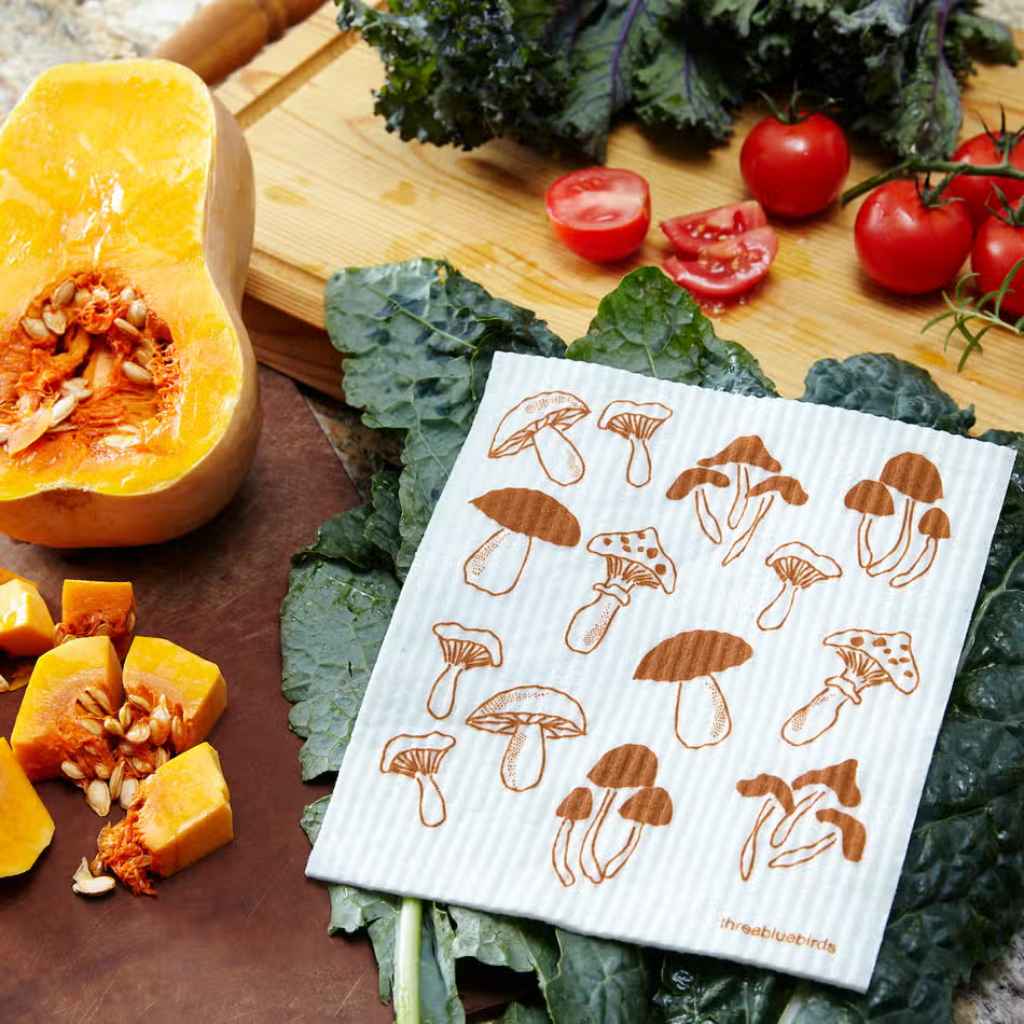 White Swedish Dishcloth Fungi Pattern Front Side Eco-Friendly