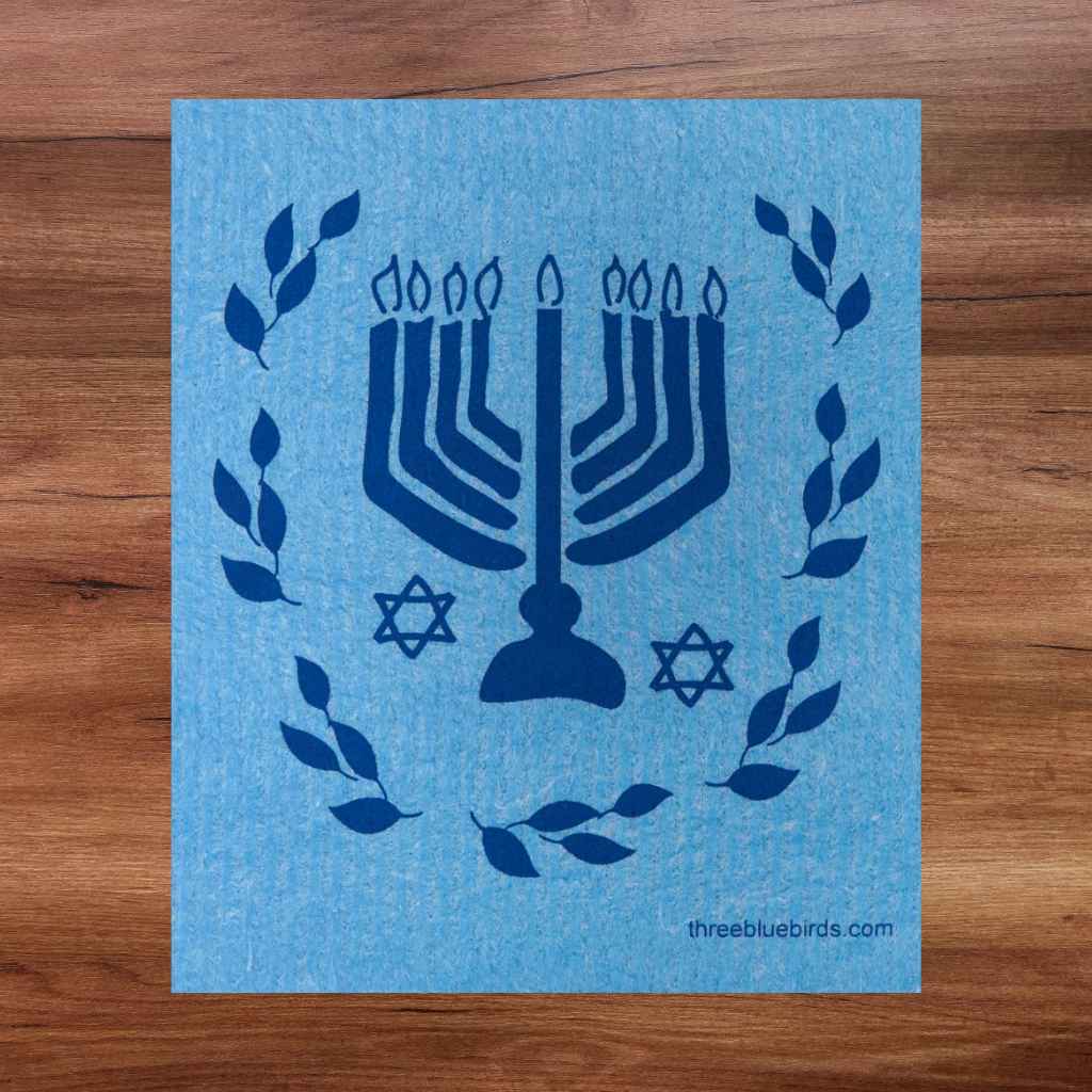Blue swedish dishcloth with a menorah and stars of David for a Hanukkah design