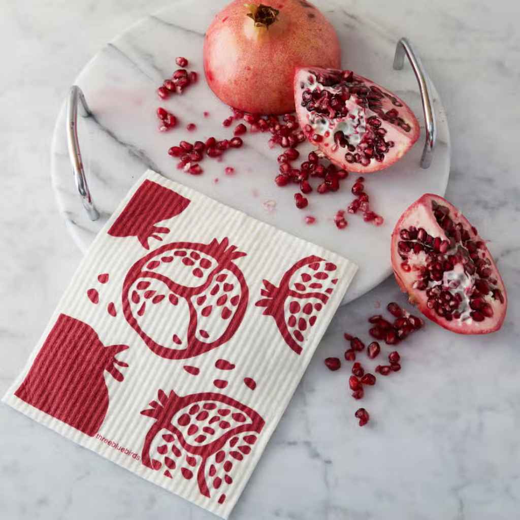 White Swedish Dishcloth with Red Pomegranate Pattern Front Side Eco-Friendly