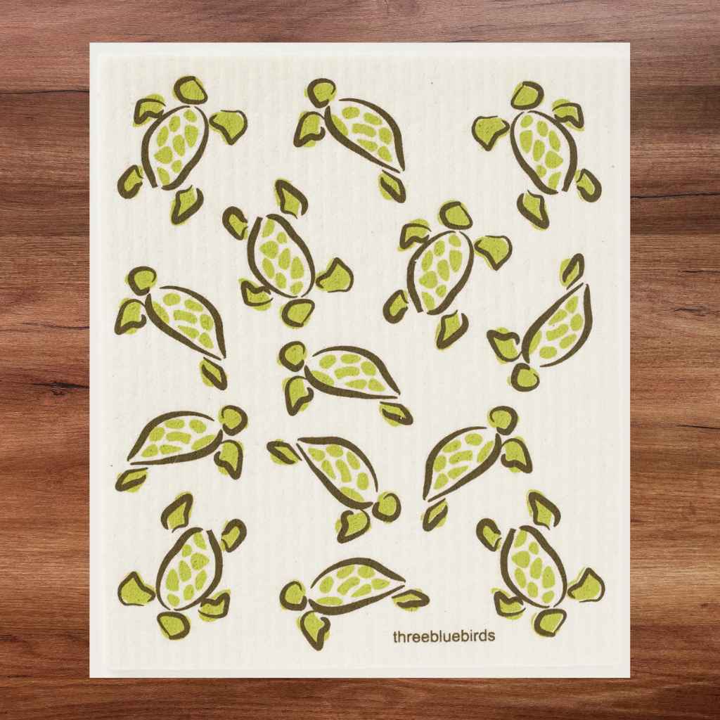 White Swedish Dishcloth with Green Sea Turtles Pattern Eco-Friendly