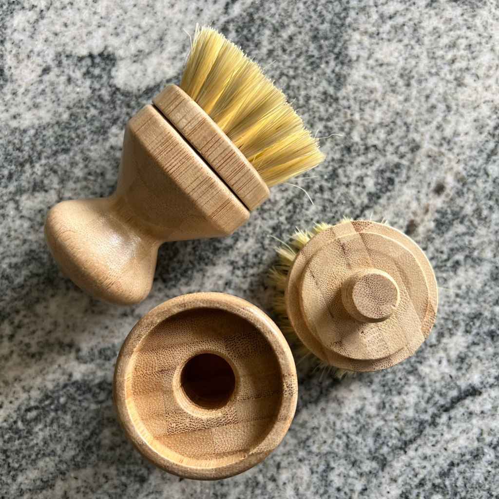 Bamboo Ergonomic Dish Brush Pot Scrubber with Sisal fiber bristles, shown with replaceable screw-in brush head removed