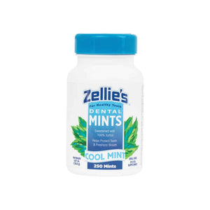 white bottle with blue cap of Zellie's Dental Mints sweetened with 100% Xylitol- COOL MINT flavor, 250 count