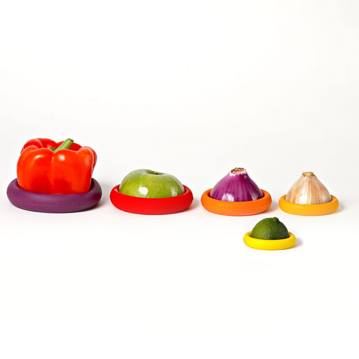 pepper, green apple, red and white onion, lime, using multicolor food huggers