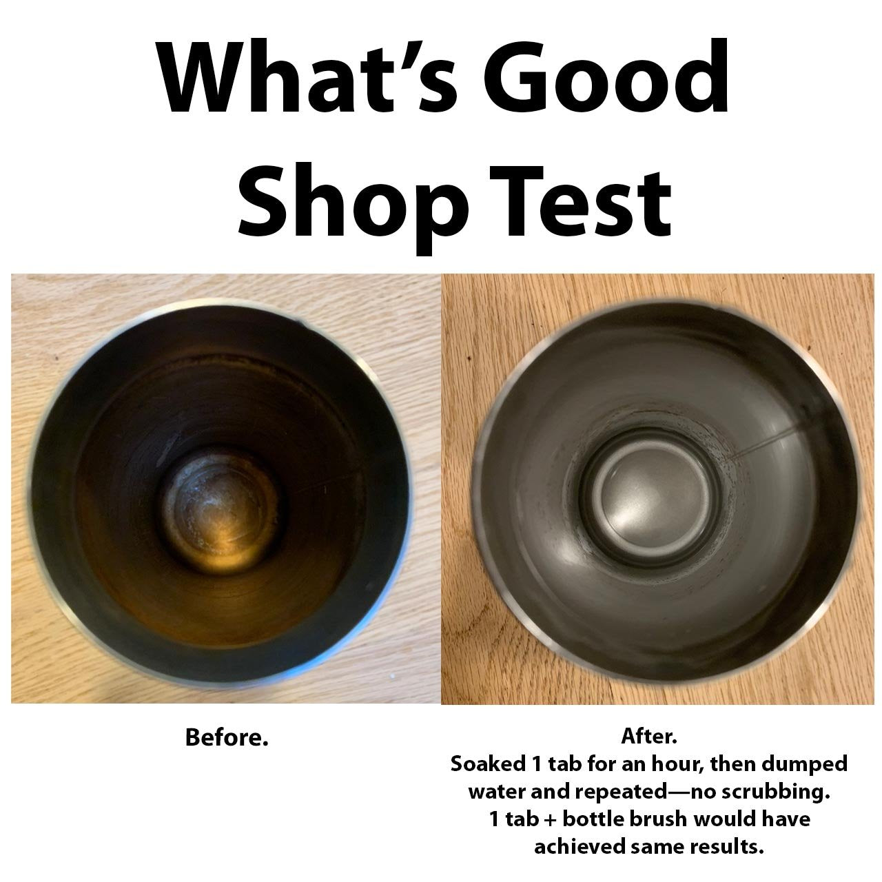 before (dirty) and after (clean) photos of metal cup