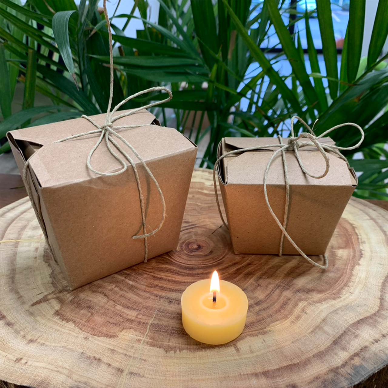 Set of 6 or 12 tea lights without metal or poly cups, just naked. . naturally colored and aromatic, infused with the sweet, subtle scent of honey. They arrive in kraft paper 'Chinese take out' packages.
