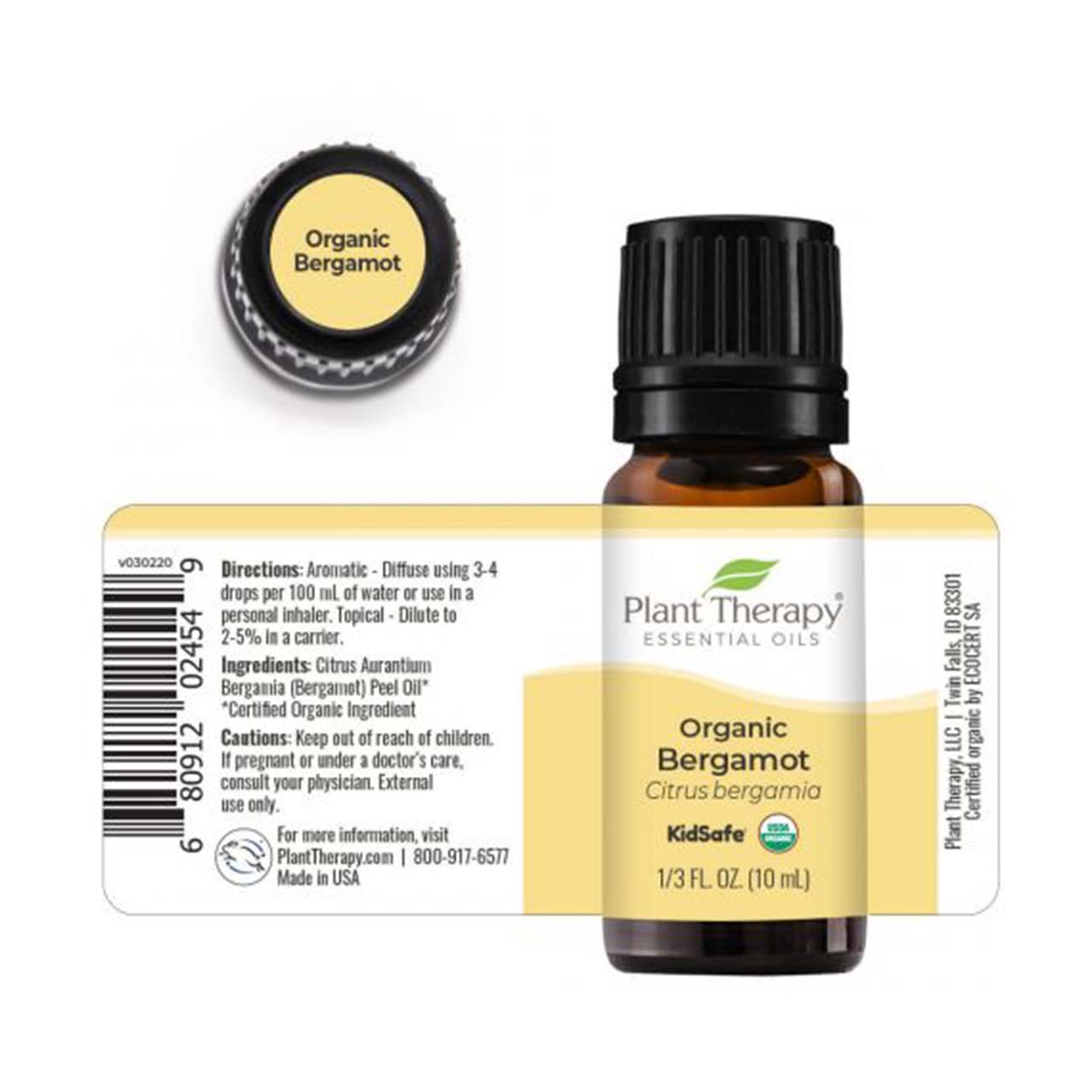 Organic Bergamot essential oil, KidSafe, USDA Organic. Made in USA. 10ml glass jar. Made by Plant Therapy. Shown with back label and ingredient information.