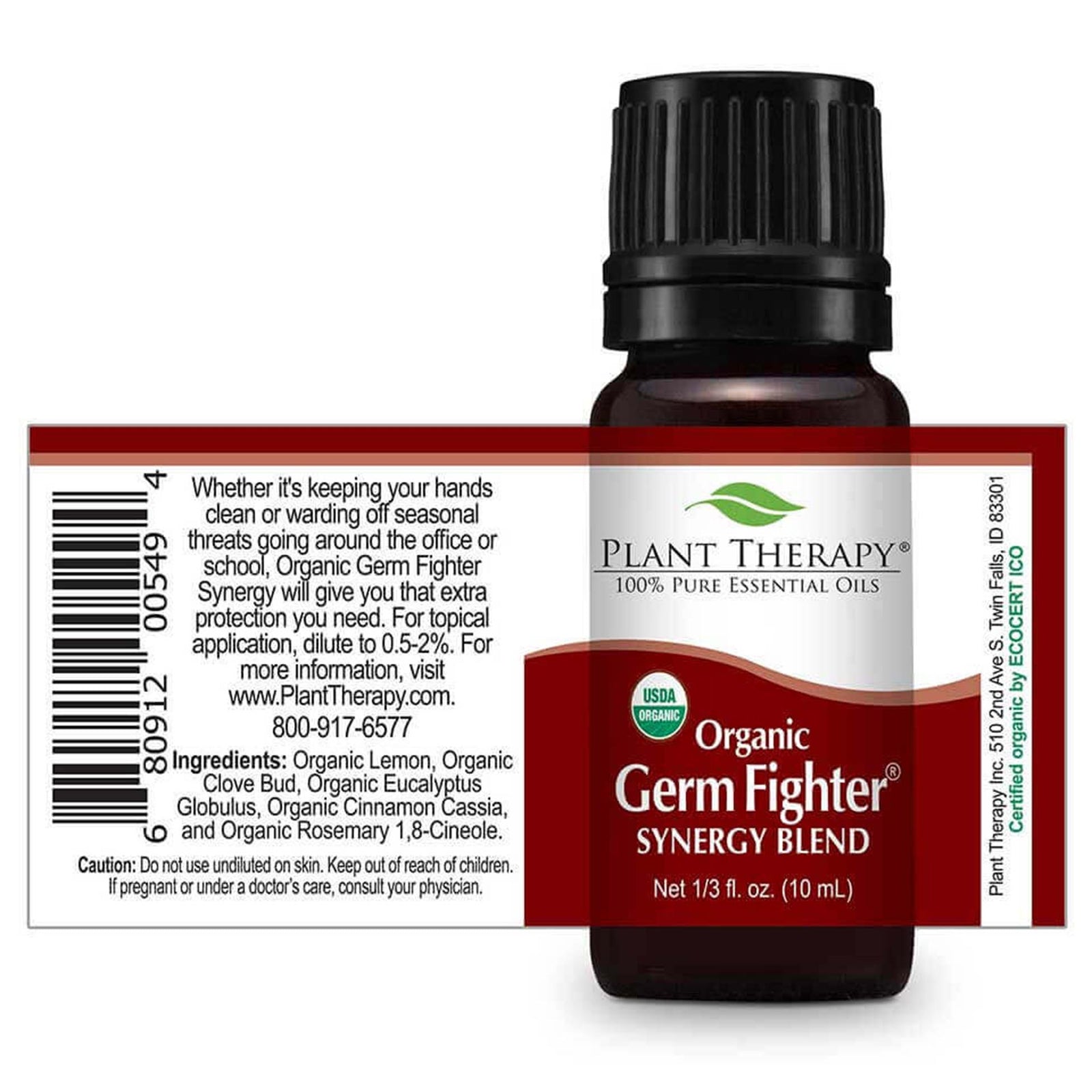 10 ml black bottle with label view of directions, ingredients and cautions visible