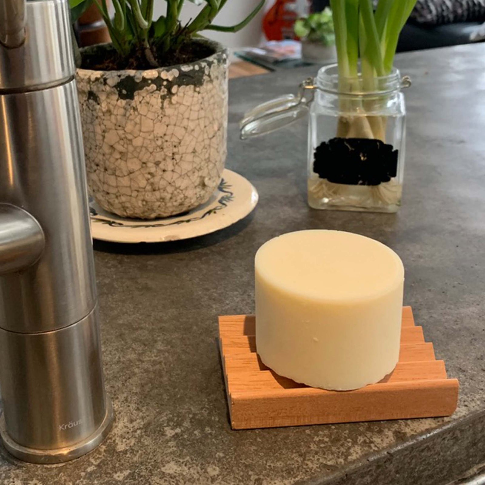 7 oz dish soap cylinder on concrete table top, surrounded by plants