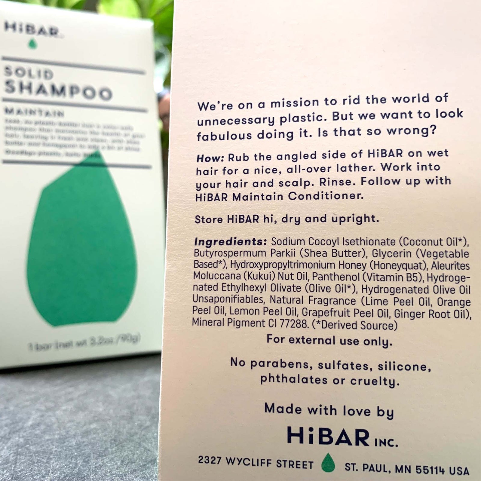 backside of shampoo package, shows HiBAR mission statement, directions, and ingredients
