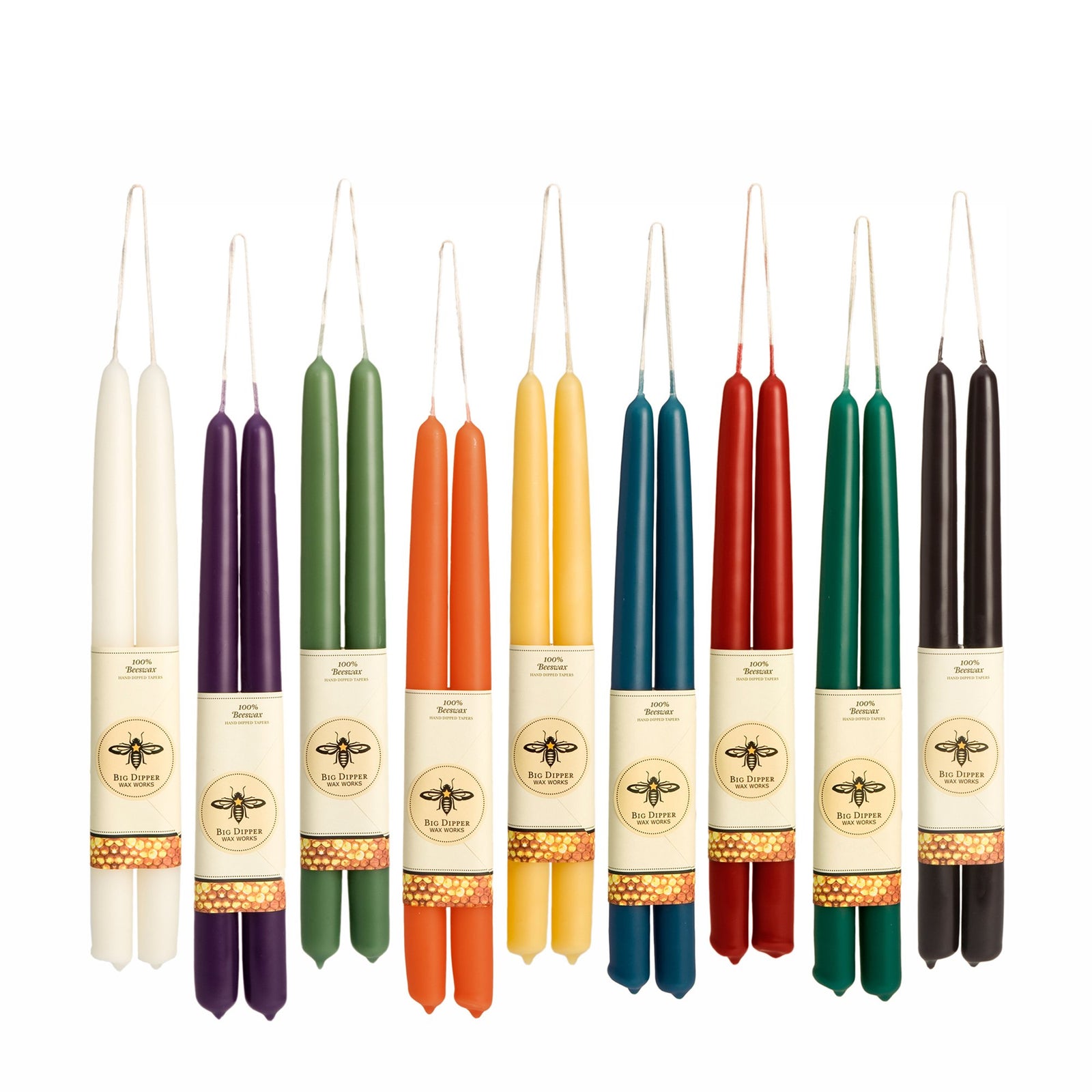 long taper candles hung from wick, colors include Pumpkin, Natural, Moss, Red, Ivory, purple, Blue, Black, green