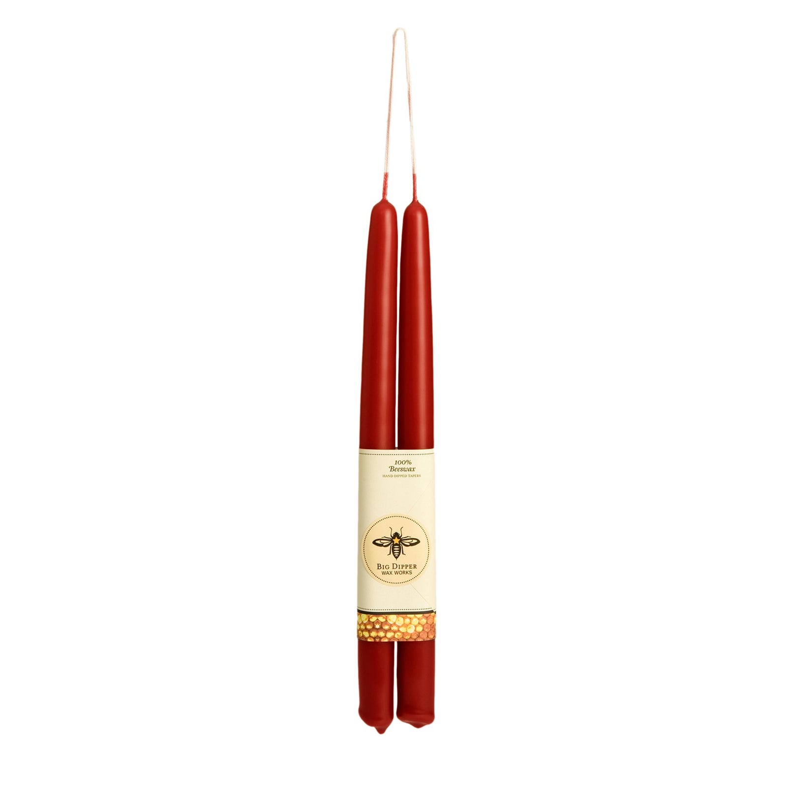 pair of red long taper candles, hung from the wick, wrapped in big dipper logo