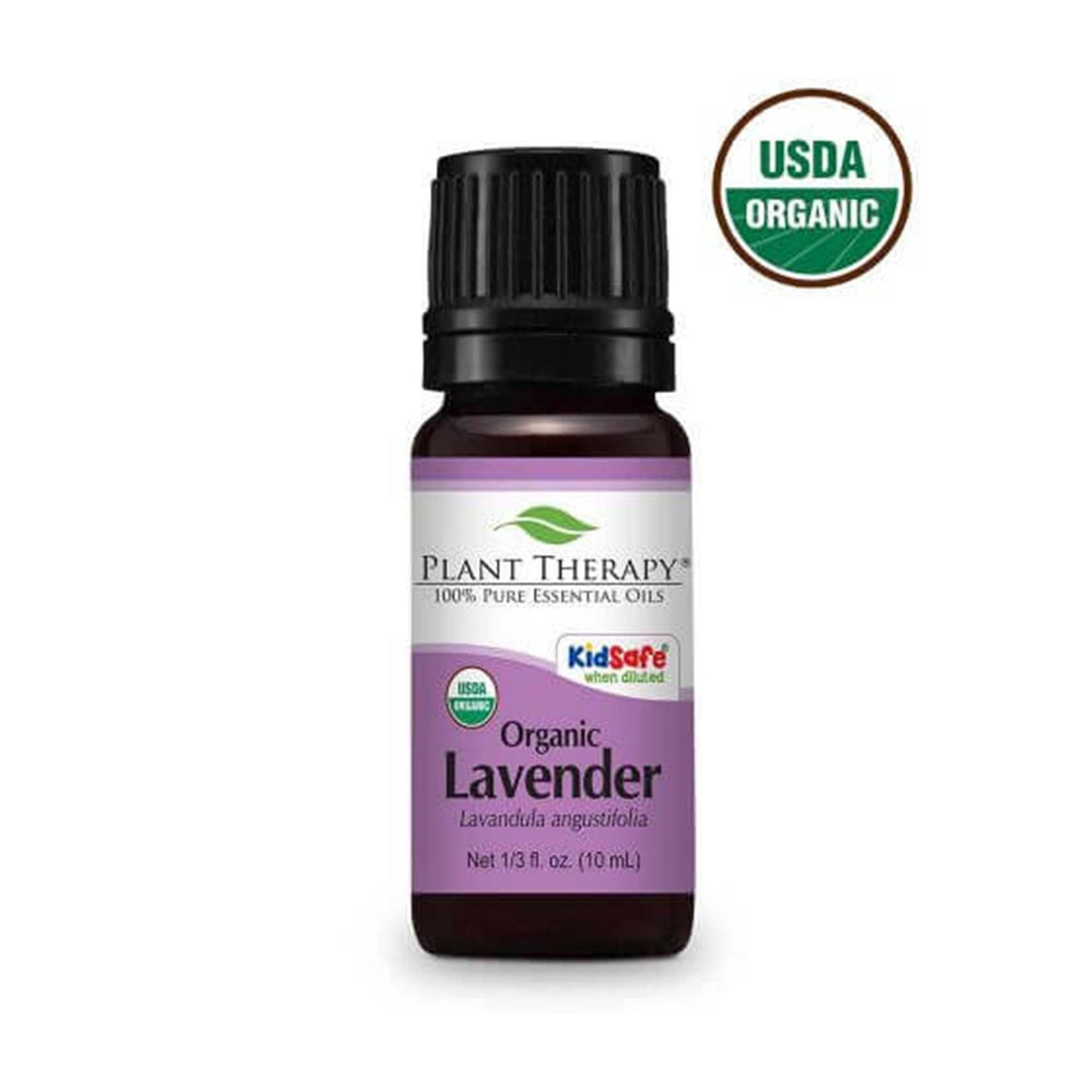 black bottle with purple label, reads organic lavender. 10 ml