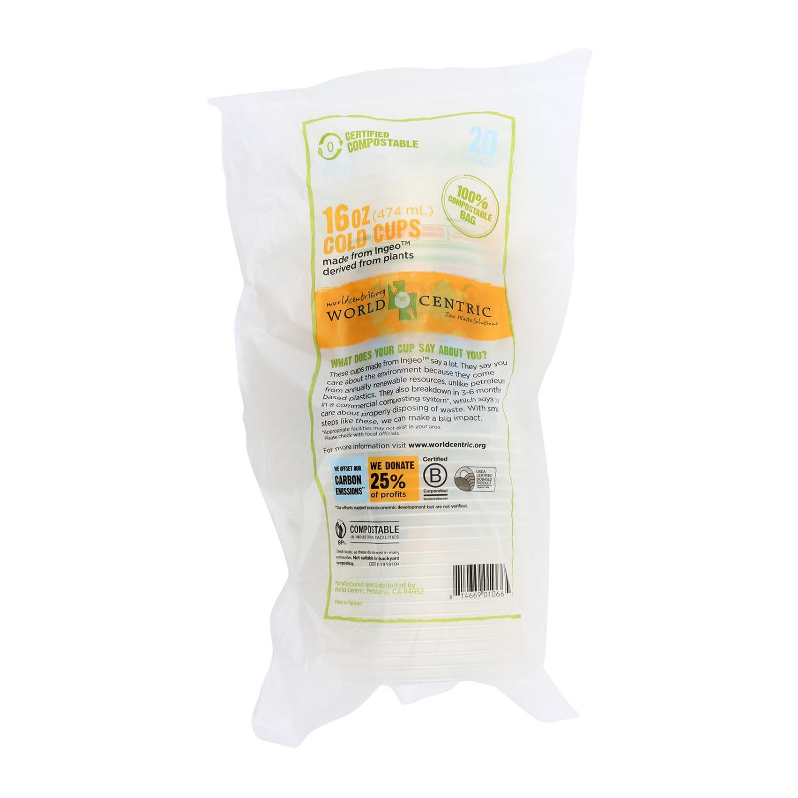 16 plastic pack of 16 oz compostable clear cup with orange, blue, green design