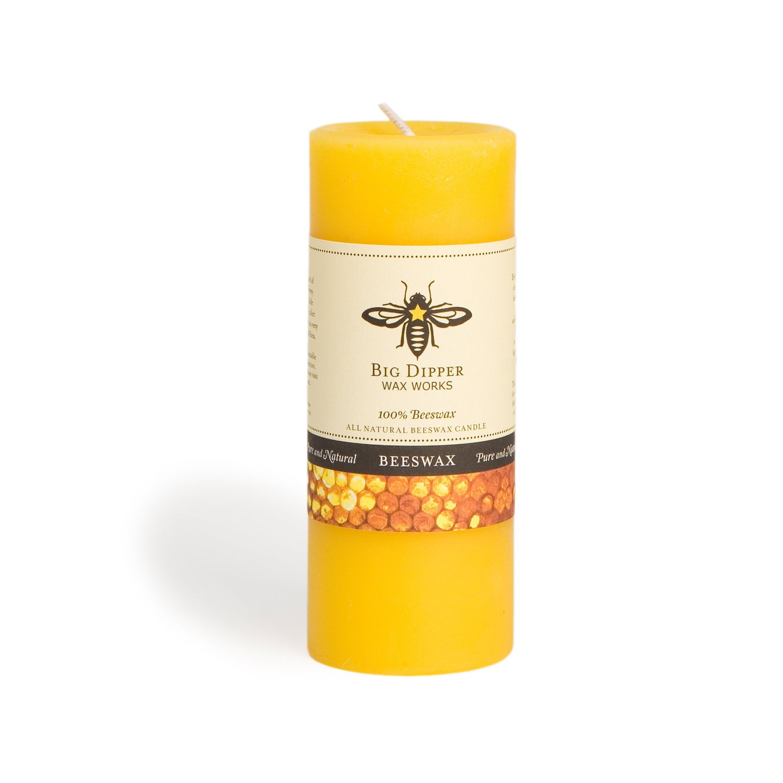 100% Pure Beeswax Heart Candle with big dipper logo. golden, tall skinny
