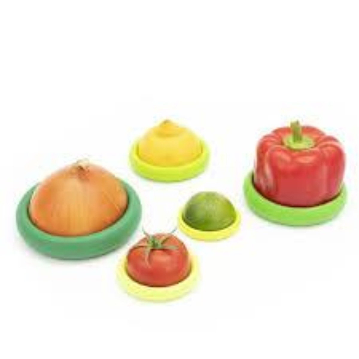 onion, tomato, lime, lemon, bell pepper sliced in half, all with appropriate sized food savers attached